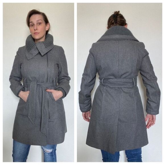 Express Coat Grey Midi Length Sweater Collar Asymmetrical Classy Medium - Picture 3 of 13